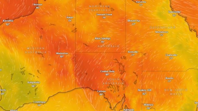 A severe heatwave warning has been issued for residents in Adelaide, Victoria and TasmaniaSome areas of SA are forecast to tip past 40C on Saturday. Picture: Windy