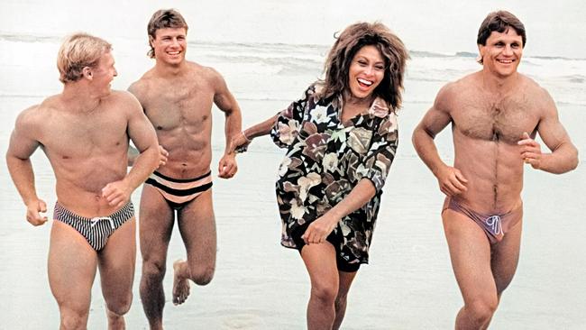 Some of the NRL’s original pin-up boys as part of the famous Simply The Best campaign. (L-R) Allan Langer, Andrew Ettingshausen, American singer Tina Turner and Wayne Pearce. Picture: Peter Muhlbock/IBM