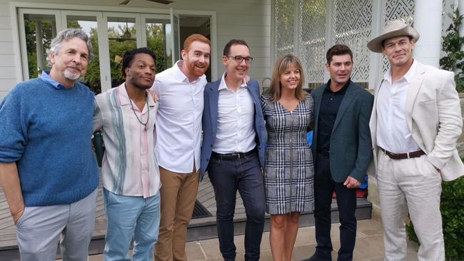 Writer-director Peter Farrelly, actors Jermaine Fowler and Andrew Santino, Victoria’s Creative Industries Minister Steve Dimopoulos, Vic Screen boss Caroline Pitcher, and actors Zac Efron and John Cena, on the set of Ricky Stanicky in Melbourme. Picture: Supplied.<br/>