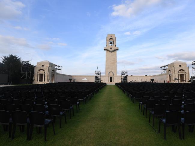 The Australian National Memorial is seen in preparation for the Anzac Day dawn service at Villers-Bretonneux. Picture: AAP