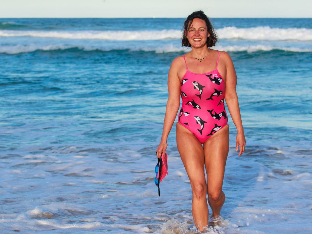 Ocean swimmer Angela Curry, at Bondi Beach supports the removal of shark nets. Picture: Justin Lloyd