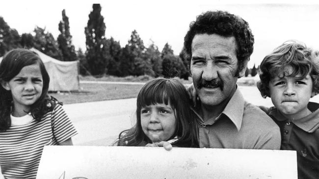 Hetti Perkins, nine, Rachel, four, and Adam, six, join their father, Charles, protesting at the Aboriginal Tent Embassy outside Parliament House in 1974. Picture: ACT Heritage Library