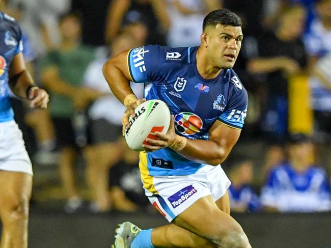 David Fifita was stuck on the bench for 49 minutes as the Bulldogs piled on the points against the Titans. Picture: NRL Imagery