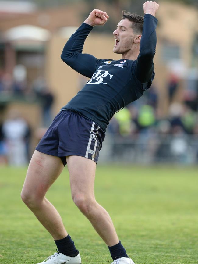 Berwick’s Brody Connelly celebrates a last-quarter goal. Picture: Chris Eastman