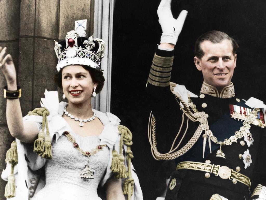 Queen Elizabeth II and the Duke of Edinburgh on the day of their coronation, Buckingham Palace, 1953.