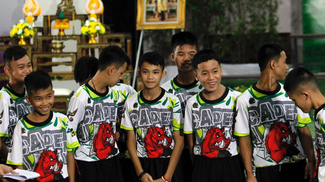 Some of the 12 members of the Wild Boar soccer team, who were rescued from the Tham Luang cave, make their first appearance to media in Chiang Rai province, Thailand, 18 July 2018. EPA/pongmanat tasiri