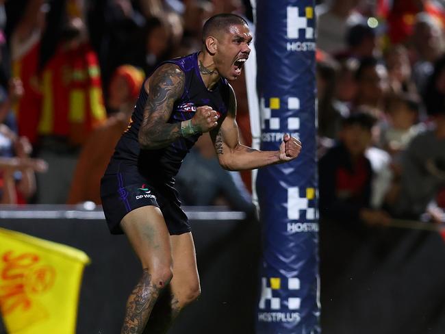 ADELAIDE, AUSTRALIA - APRIL 14: Michael Walters of the Dockers celebrates a goal during the round five AFL match between Fremantle Dockers and Gold Coast Suns at Norwood Oval, on April 14, 2023, in Adelaide, Australia. (Photo by Paul Kane/Getty Images)