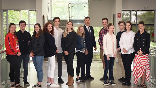 Impressive results: High achievers from the Ballarat Grammar graduating class of 2019, left to right, Ruby Green, Thomas Burnett, Sophie John, Teresa Heath, Angus McLean, Justice Nicholson, Stephanie Hancock, Headmaster Adam Heath, Luke Williams, Annabella Lewis, Jesse Cruickshank, Amy Zuell, Ella Squire.