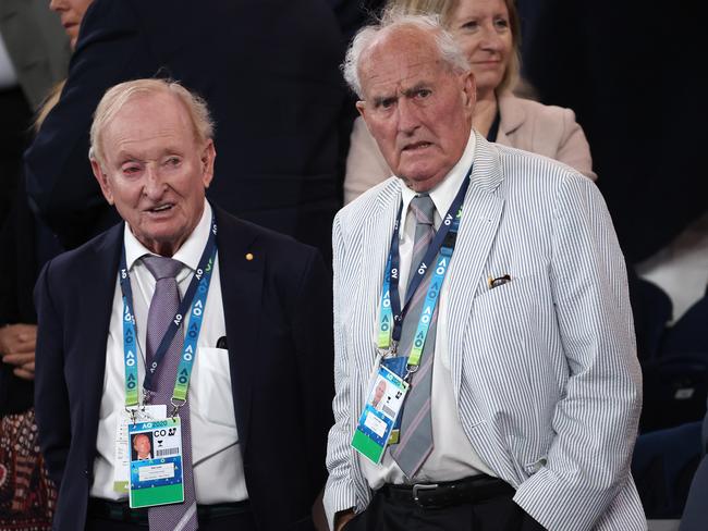 Australian tennis greats Rod Laver and Neale Fraser in 2020. Picture: Michael Klein