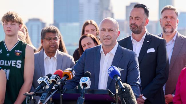 PERTH, AUSTRALIA - MAY 24: - Basketball Australia CEO Matt Scriven addresses the media during a NBL & Basketball Australia media opportunity at South Perth Foreshore on May 24, 2024 in Perth, Australia. (Photo by Stefan Gosatti/Getty Images for NBL)