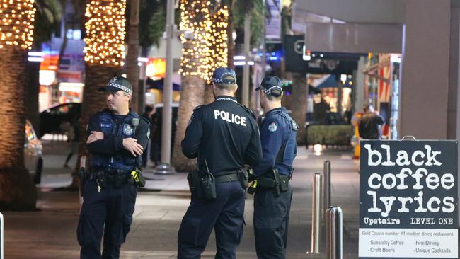 Police on patrol in Surfers Paradise — their union supports Labor’s law reforms. Picture: Glenn Hampson.