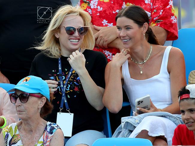 Rebel Wilson and Brittany Hockley pictured at the Sydney Tennis Centre in Homebush last month. Picture: Toby Zerna