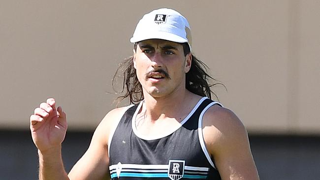 Lachlan Jones of Port Adelaide during a training session at Alberton Oval Monday,April,12,2021.Picture Mark Brake