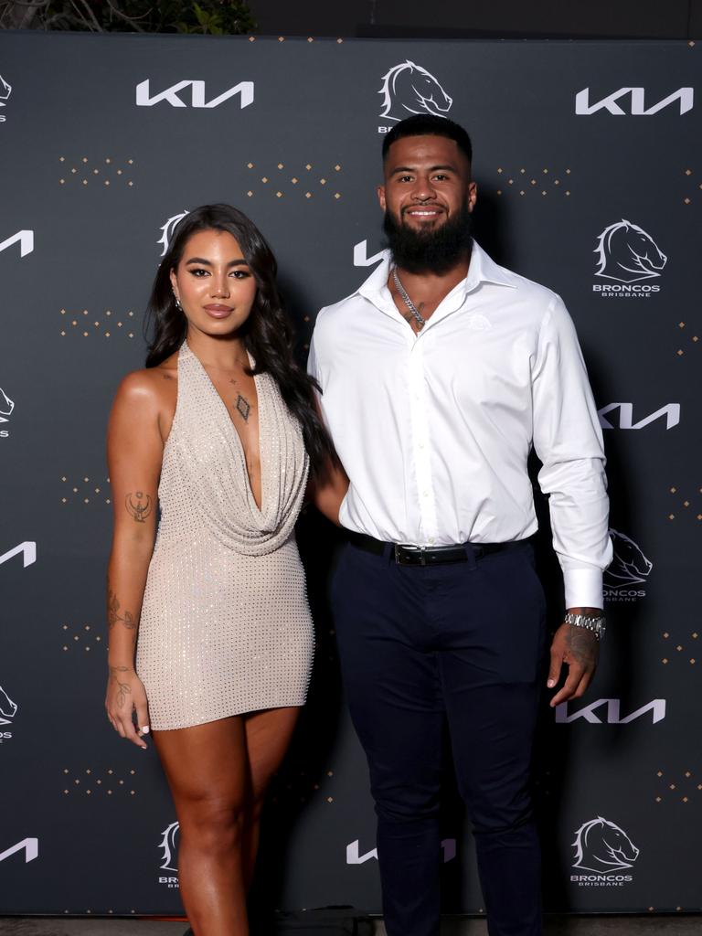 Payne Haas and Leilani Mohenoa at the Brisbane Broncos 2024 season launch. Picture: Steve Pohlner