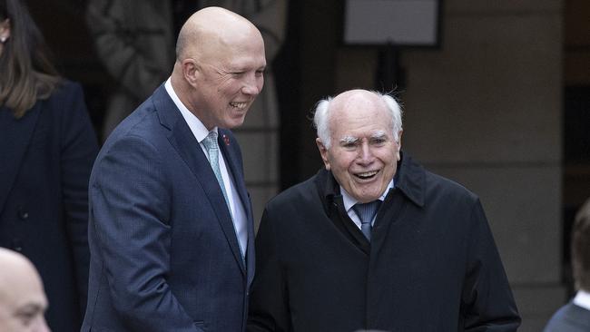 Opposition Leader Peter Dutton with former PM John Howard attend the Last Post Ceremony at the Australian War Memorial marking the first sitting of the 47th Australian Parliament in Canberra. Picture: NCA NewsWire / Gary Ramage