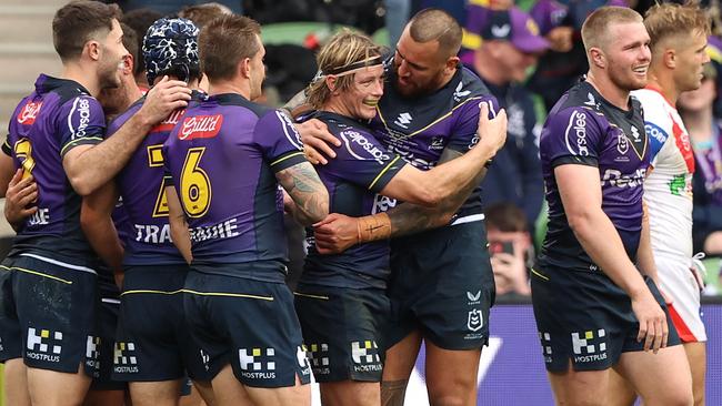 Nelson Asofa-Solomona of the Storm celebrates after scoring a try. Photo by Robert Cianflone/Getty Images