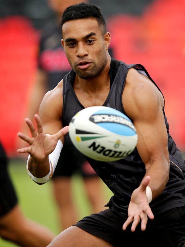 Penrith’s George Jennings took a serious hit during the victory over Manly.