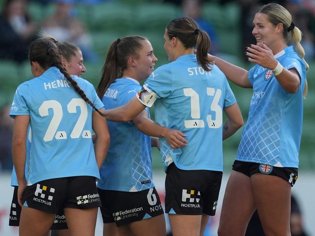 MELBOURNE, AUSTRALIA - APRIL 28: Leticia McKenna of Melbourne City celebrates scoring a goal during the A-League Women Semi Final match between Melbourne City and Newcastle Jets at AAMI Park, on April 28, 2024, in Melbourne, Australia. (Photo by Daniel Pockett/Getty Images)