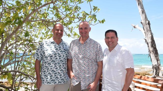 Aldesta Hotels Australia vice president and Wilson and Heron Island general manger Tony Barradale with member for Gladstone Glenn Butcher and mayor Matt Burnett on Wilson Island.