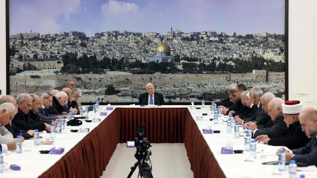 This handout picture provided by the Palestinian Authority's press office (PPO) shows President Mahmud Abbas (C) chairing a meeting for the Palestinian leadership in Ramallah city in the Israel-occupied West Bank on February 18.