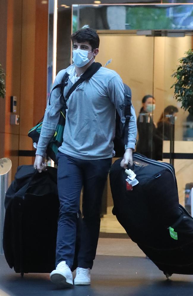 Pictured: Moises Henriques, Australian cricket players leaving the Marriott hotel after 2 weeks of quarantine.picture John Grainger,