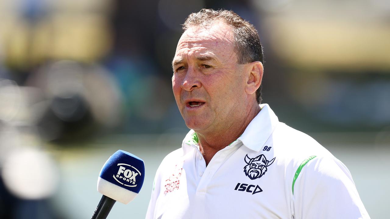 QUEANBEYAN, AUSTRALIA - FEBRUARY 25: Raiders coach Ricky Stuart is interviewed before the NRL Pre-season challenge match between Canberra Raiders and North Queensland Cowboys at Seiffert Oval on February 25, 2024 in Queanbeyan, Australia. (Photo by Mark Nolan/Getty Images)