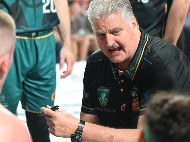 HOBART, AUSTRALIA - JANUARY 12: Scott Roth Head Coach   of the Jackjumpers addresses the team during the round 16 NBL match between Tasmania Jackjumpers and Perth Wildcats at MyState Bank Arena, on January 12, 2025, in Hobart, Australia. (Photo by Steve Bell/Getty Images)