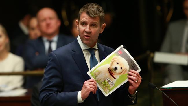 NSW Premier Mike Baird holds photo of puppy as he answers questions from the opposition on greyhound industry during question time, NSW Sate Parliament last month. Picture: Cameron Richardson