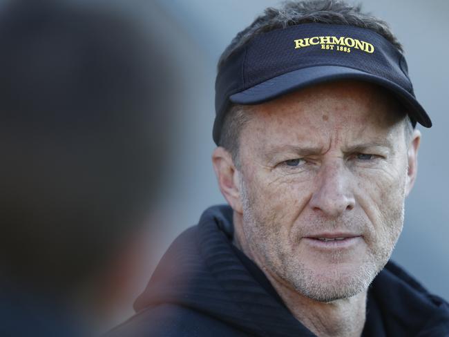 MELBOURNE, AUSTRALIA - JUNE 29: Richmond senior coach, Damien Hardwick speaks to the media before a Richmond Tigers AFL training session at Punt Road Oval on June 29, 2021 in Melbourne, Australia. (Photo by Darrian Traynor/Getty Images)