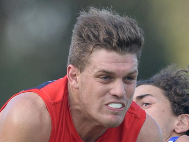 EFL Division 1 football: East Ringwood v Montrose at East Ringwood Reserve. Montrose #5 Billy Schilling takes a strong mark before kicking another goal for the demons. Picture:AAP/ Chris Eastman