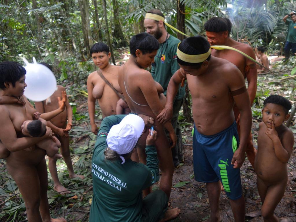 The Brazilian agency for indigenous peoples say the high-risk expedition in the Amazon reunited an isolated group with relatives and eased tensions with a rival tribe in the region. Picture: Brazil's National Indian Foundation Photo via AP