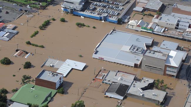 The CBD of Ipswich west of Brisbane is inundated by flood waters Wednesday, Jan. 12, 2011. Picture: AAP Image/Dave Hunt