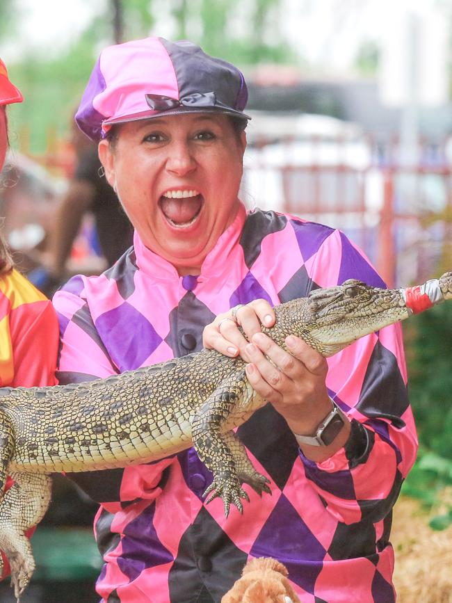 Leah Sloan celebrating the 2021 Melbounre cup in true Territory style with Croc Racing at The Berry Springs Tavern Picture: Glenn Campbell