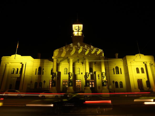 Even the town hall is showing its true colours.