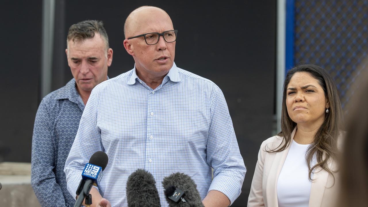 Opposition Leader Peter Dutton speaks to media in Alice Springs, with Action for Alice founder Darren Clarke and Senator Jacinta Price. Picture: Liam Mendes / The Australian