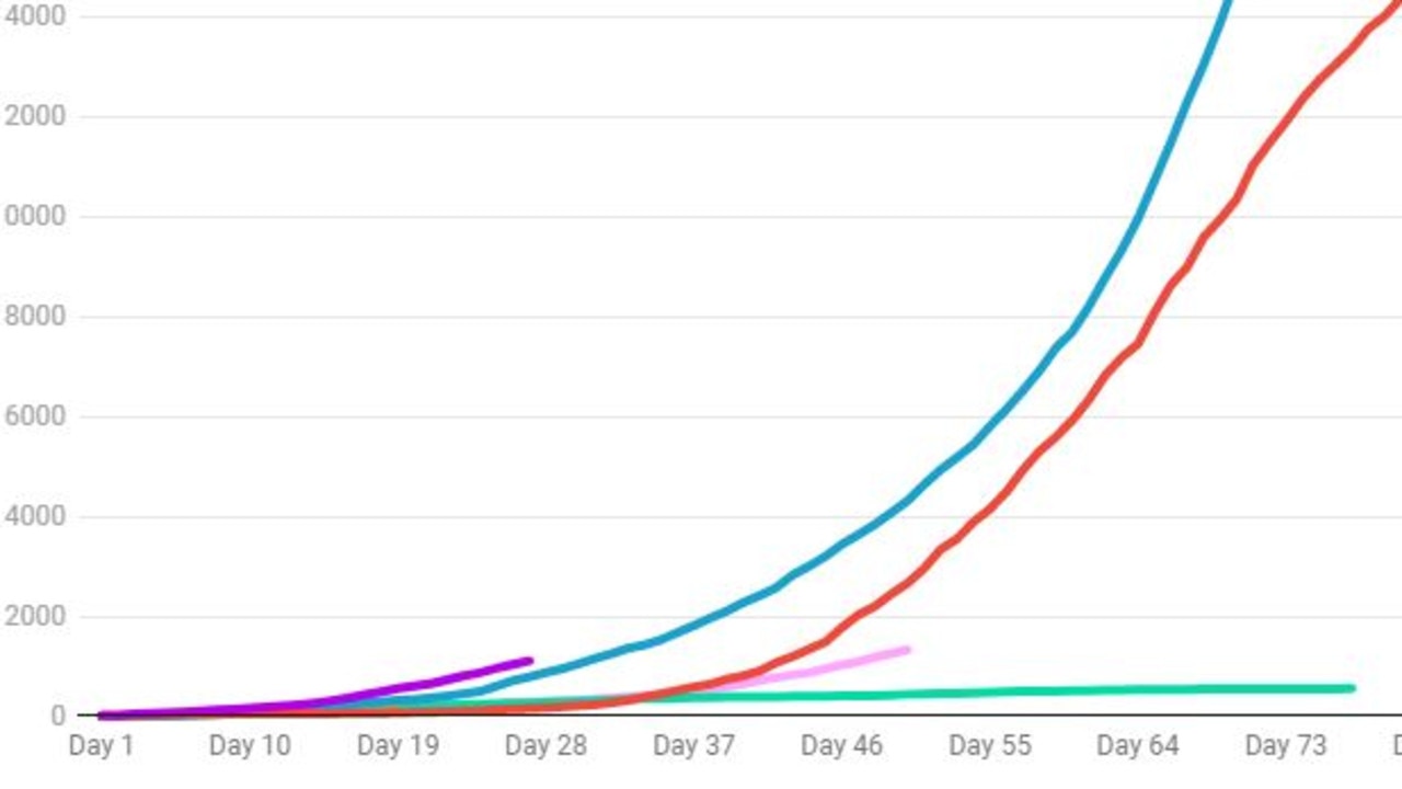 The purple line represents the cumulative number of coronavirus cases in Victoria’s current outbreak, while the blue represents NSW. Source: covid19data.com.au