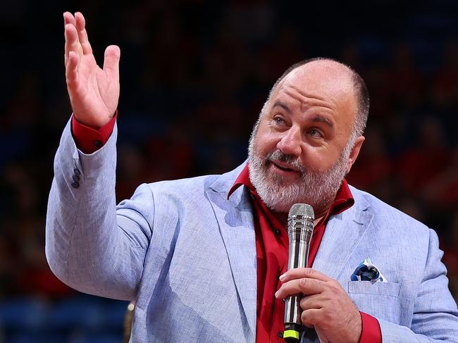 PERTH, AUSTRALIA - JANUARY 20: Craig Hutchison talks during a ceremony to retire the playing number of Shawn Redhage following the round 16 NBL match between Perth Wildcats and Sydney Kings at RAC Arena, on January 20, 2023, in Perth, Australia. (Photo by Paul Kane/Getty Images)