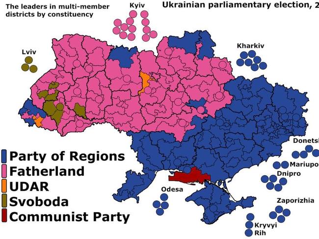 Below is the electoral map of 2012. Blue is the pro-Russia party.