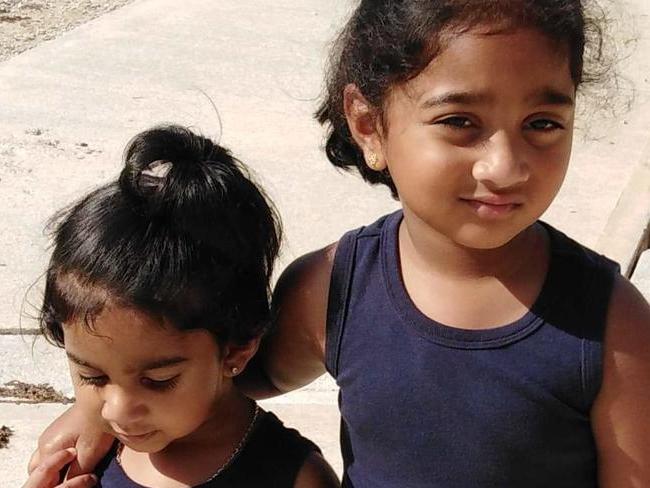 A supplied image obtained on Tuesday, January 28, 2020, shows Kopika (right) and Tharunicaa, the daughters of the Biloela Tamil family at the detention centre on Christmas Island.