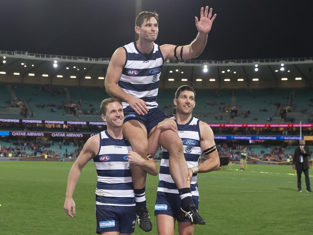 Tom Hawkins celebrated his 250th game for the Cats in style