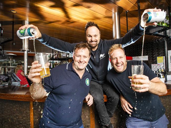 Australian Gold Medalist Steven Bradbury and son's of Rugby Union legend Roy Prosser, Damian and Stephen at South Bank Beer Garden. Picture: NIGEL HALLETT