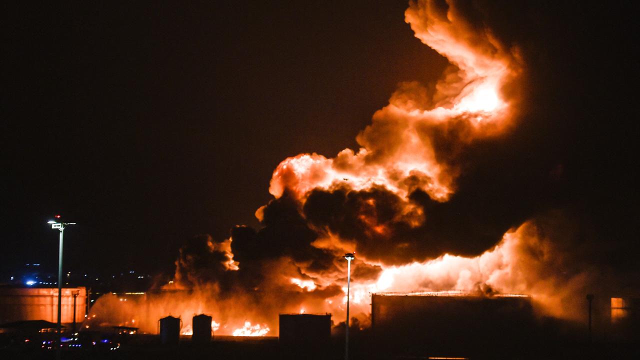 Smoke and flames rise from a Saudi Aramco oil facility near the F1 circuit. (Photo by AFP)