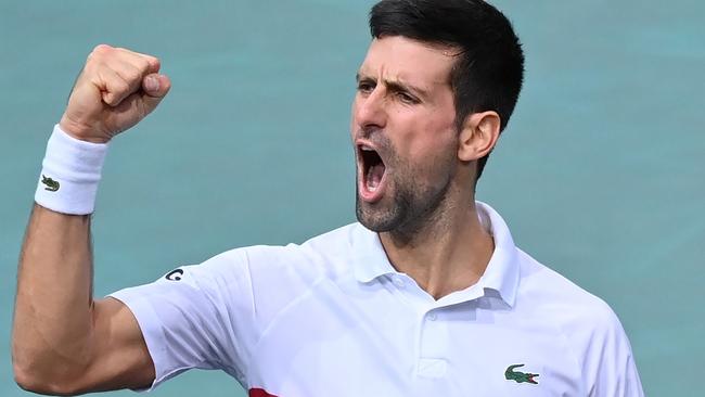 Novak Djokovic celebrates winning a point at the Rolex Paris Masters in November. Picture: Justin Setterfield/Getty Images