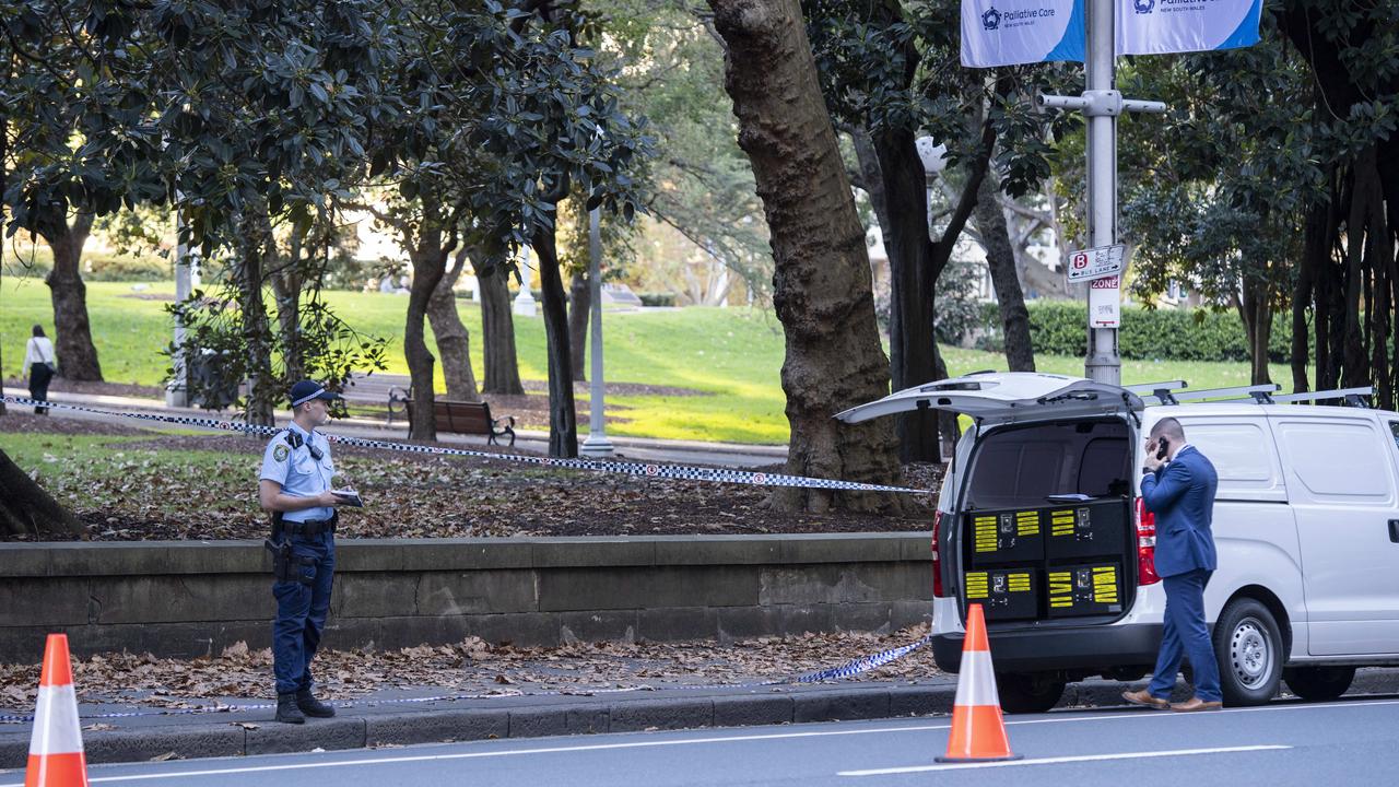 Police on the corner of Bathurst and Elizabeth Sts near Hyde Park after an officer was allegedly stabbed twice in the head by a knife-wielding man in Sydney CBD on Sunday. Picture: NewsWire / Monique Harmer