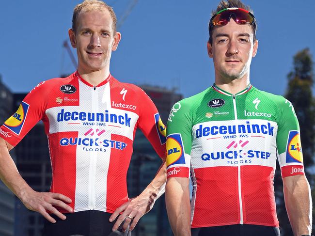 06/01/18 - Italian gun Elia Viviani (right) is poised to be TDU superstar Peter Sagan's bigest threat not only in SA but across the planet this year.  Pictured with Michael Morkov at the TDU Village in Victoria Square.Picture: Tom Huntley