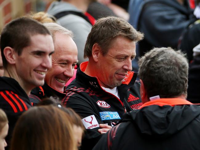 Danny Corcoran and Mark Thompson at Essendon training in August, 2013. Picture: Colleen Petch