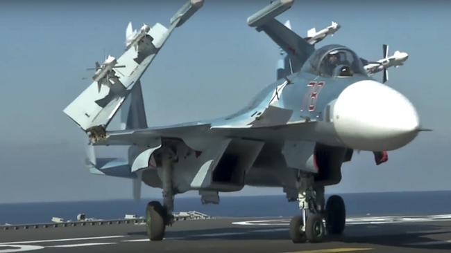 Russia claims to have moved a step closer to creating aircraft with lasers. Pictured is a Russian Su-33 fighter jet. Picture: Russian Defense Ministry Press Service/AP