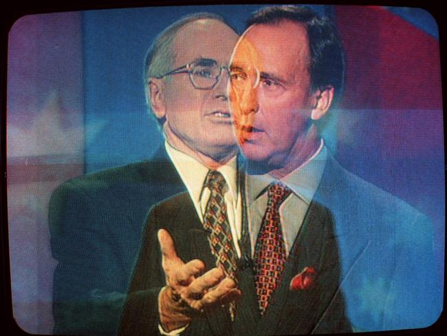 Opposition leader John Howard (L) with /PM Paul Keating 11/02/96 on TV show Sixty (60) Minutes great debate during 1996 Federal Election campaign as director changes shot.