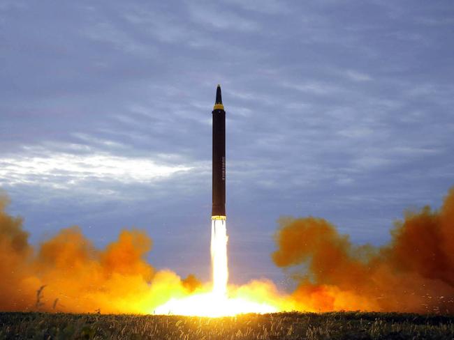 The test launch of a Hwasong-12 intermediate range missile in Pyongyang, North Korea. Picture: AP