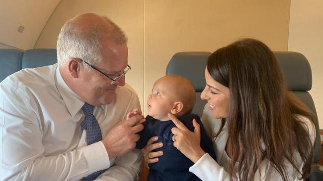 National Political Editor of The Daily Telgraph Sharri Markson interviews Scott Morrison during the election campaign with baby Raphi. Picture: Supplied 